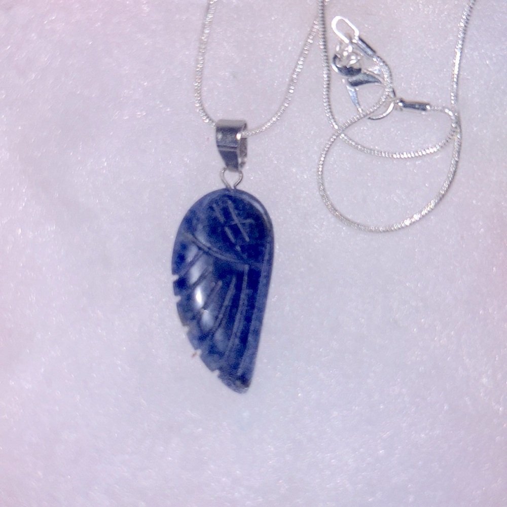 Boho hippie Lapis Lazuli Angel Wing Sterling Silver Necklace 16”